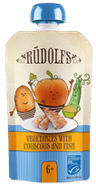 RŪDOLFS Dārzeņi, Kuskuss, Zivis BIO 6+ biezenis, 110 g