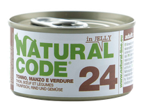 NATURAL CODE 24 Tuncis, Liellops, Dārzeņi konservi kaķiem, 85 g
