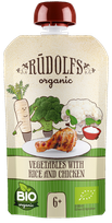 RŪDOLFS Dārzeņi Ar Rīsiem Un Vistas Gaļu BIO 6+ biezenis, 110 g