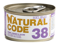 NATURAL CODE 38 Tuncis, Liellops, Olīvas konservi kaķiem, 85 g