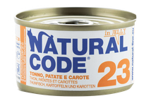 NATURAL CODE 23 Tuncis, Kartupeļi, Burkāni  konservi kaķiem, 85 g