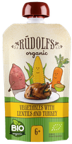 RŪDOLFS Dārzeņi, Lēcas, Tītara Gaļa BIO 6+ biezenis, 110 g