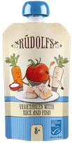 RŪDOLFS Dārzeņi, Rīsi, Zivs BIO 8+ biezenis, 110 g