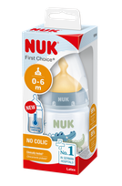 NUK First Choice+ Ar Temperatūras Kontroles Indikatoru Un Lateksa Knupi, 150 Ml (0-6 Mēn.), M Izmēra Atvere (piena Maisījumiem), Polipropelēna  pudelīte, 1 gab.