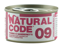 NATURAL CODE 09 Tuncis Un Garneles konservi kaķiem, 85 g