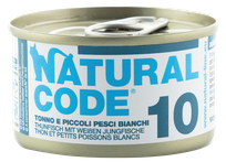 NATURAL CODE 10 Tuncis, Mazas Baltās Zivis konservi kaķiem, 85 g