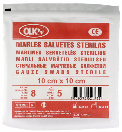 OLKO  8 kārtu 10 x 10 cm marles salvetes, 5 gab.