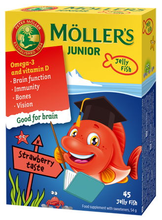MOLLERS JUNIOR (zemeņu garša) želejas zivtiņas, 45 gab.