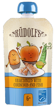 RŪDOLFS Dārzeņi, Kuskuss, Zivis BIO 6+ biezenis, 110 g