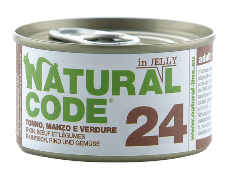 NATURAL CODE 24 Tuncis, Liellops, Dārzeņi konservi kaķiem, 85 g