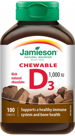 JAMIESON Vitamin D 1000 IU (25 µg) Chocolat košļājamās tabletes, 100 gab.