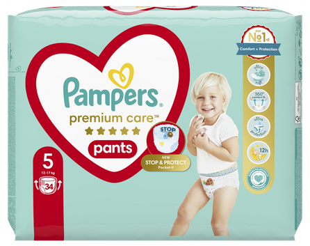 PAMPERS Premium Care 5 (12-17 kg) autiņbiksītes, 34 gab.