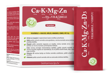 BIOFARMACIJA Ca+K+Mg+Zn Ar Vit.D3 Un Vilkābeli pulveris, 14 gab.