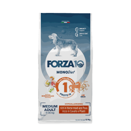 FORZA10 Monodiet Medium Adult Ar Zirgu Un Zirņiem, Suņiem sausā barība, 12 kg