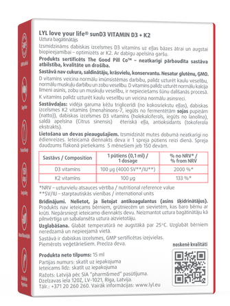 LYL SunD3 Vitamin D3+K2 sprejs, 15 ml