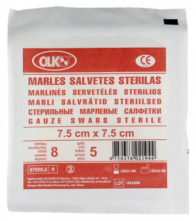 OLKO  8 kārtu 7.5 x 7.5 cm marles salvetes, 5 gab.
