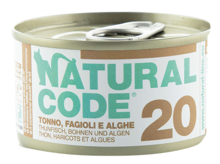 NATURAL CODE 20 Tuncis, Pupiņas Un Aļģes konservi kaķiem, 85 g