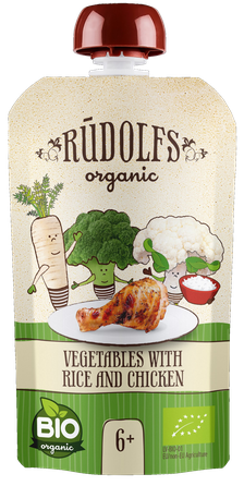 RŪDOLFS Dārzeņi Ar Rīsiem Un Vistas Gaļu BIO 6+ biezenis, 110 g