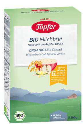 TOPFER Ābolu Un Vaniļas Bio auzu pārslu piena no 6 mēn. biezputra, 200 g