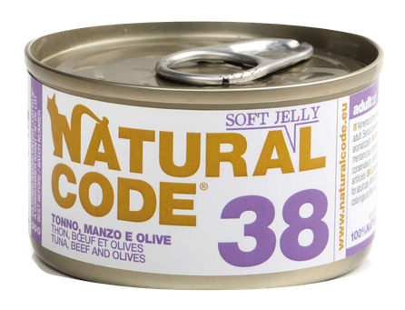 NATURAL CODE 38 Tuncis, Liellops, Olīvas konservi kaķiem, 85 g