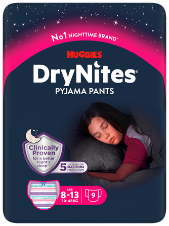 HUGGIES  DryNites Meitenēm 8-13 gadi autiņbiksītes, 9 gab.