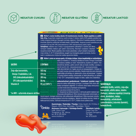 MOLLERS Junior Zivju Eļļa Zemeņu Garša želejas zivtiņas, 45 gab.