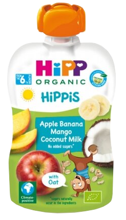 HIPP ābolu, banānu, mango, ar kokosu, no 6 mēn. biezenis, 100 g