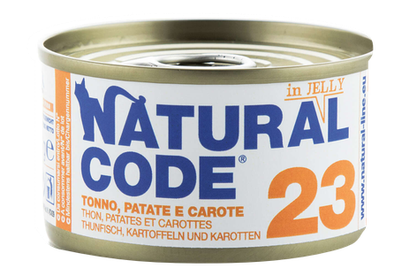 NATURAL CODE 23 Tuncis, Kartupeļi, Burkāni  konservi kaķiem, 85 g