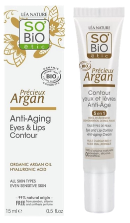 SO BIO ETIC Argan Anti-Aging Eyes & Lips krēms ādai ap acīm un lūpām, 15 ml