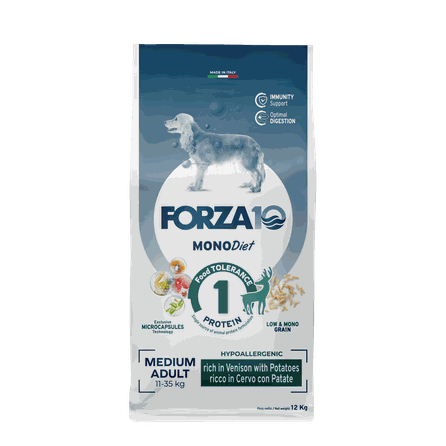 FORZA10 Monodiet Medium Adult Ar Briedi Un Kartupeļiem, Suņiem sausā barība, 12 kg