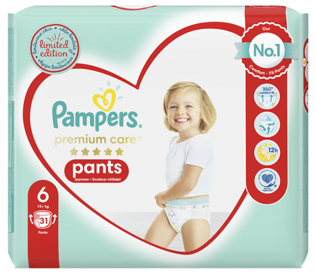 PAMPERS Premium Care 6 (15+ kg) autiņbiksītes, 31 gab.