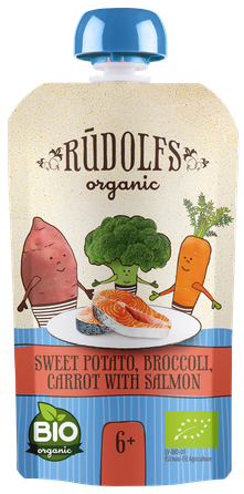RŪDOLFS Saldais Kartupelis, Brokolis, Burkāns Ar Lasi BIO 6+ biezenis, 110 g