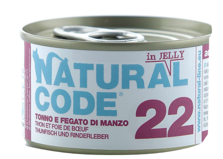 NATURAL CODE 22 Tuncis Un Liellopa Aknas konservi kaķiem, 85 g