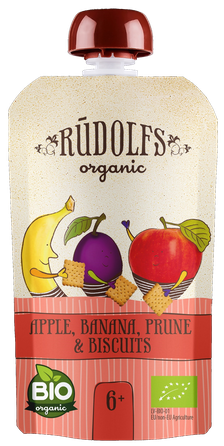 RŪDOLFS Ābolu, Banānu, Žāvētu Plūmju Ar Cepumiem BIO 6+ biezenis, 110 g