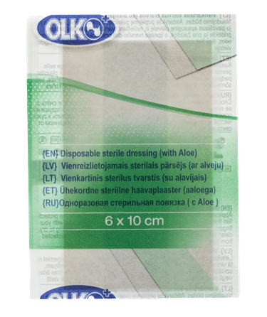OLKO  6 x 10 cm Ar alveju vienreizlietojamais sterilais  pārsējs, 1 gab.