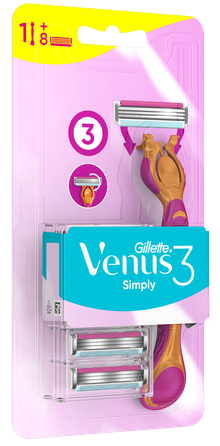 GILLETTE Venus 3 Simply 8 maiņas kasetnes +  skuveklis, 1 gab.