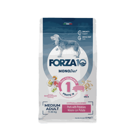 FORZA10 Monodiet Medium Adult Ar Cūku Un  Kartupeļiem, Suņiem sausā barība, 1.5 kg
