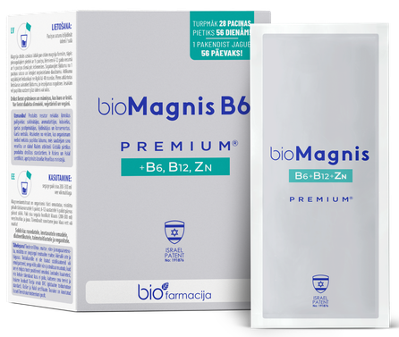 BIOFARMACIJA Biomagnis B6 premium +B6, B12, cinks pulveris, 28 gab.