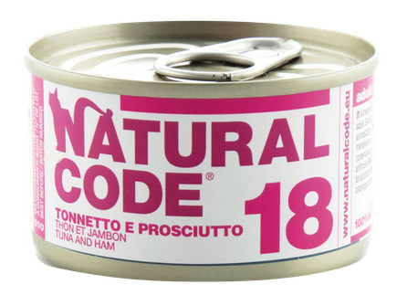 NATURAL CODE 18 Tuncis Un Šķiņķis konservi kaķiem, 85 g