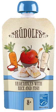 RŪDOLFS Dārzeņi, Rīsi, Zivs BIO 8+ biezenis, 110 g