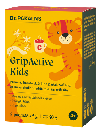 DR. PAKALNS Gripactive Kids Ar Liepu Ziediem, Plūškoku Un Mārsilu karstais dzēriens, 8 gab.