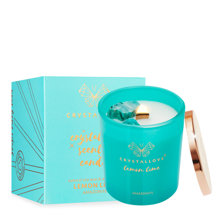 CRYSTALLOVE Amazonite Soy Candle & Lemon Lime aromātiskā svece, 400 g