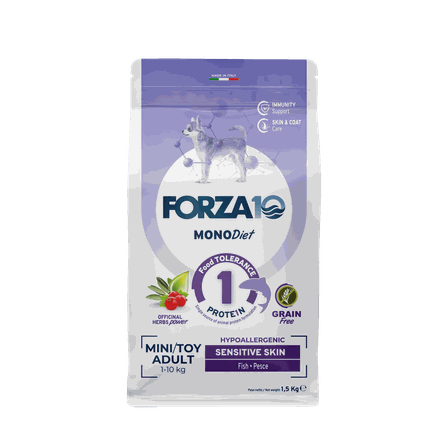 FORZA10 Monodiet Sensitive Skin Mini/Toy Adult Ar Zivi, Suņiem sausā barība, 1.5 kg