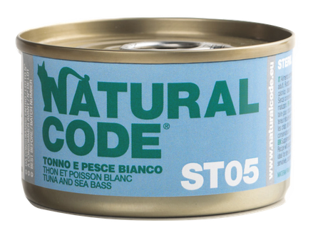 NATURAL CODE Steril 05 Tuncis, Jūras Asaris konservi kaķiem, 85 g