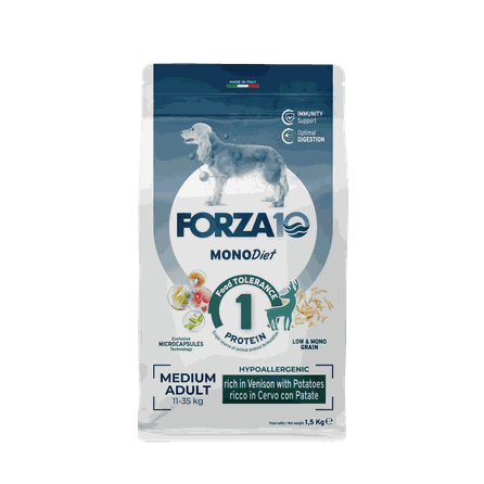 FORZA10 Monodiet Medium Adult Ar Briedi Un Kartupeļiem, Suņiem sausā barība, 1.5 kg