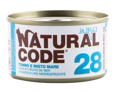NATURAL CODE 28 Tuncis Un Jūras Veltes konservi kaķiem, 85 g