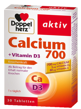 DOPPELHERZ Calcium 700 + Vitamin D3 tabletes, 30 gab.