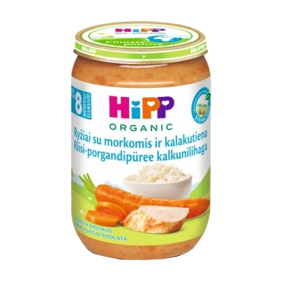 HIPP rīsi ar burkāniem un bioloģiski audzētu tītaru, 8 mēn. biezenis, 220 g