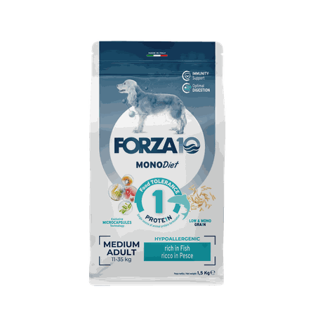 FORZA10 Monodiet Medium Adult Ar Zivi, Suņiem sausā barība, 1.5 kg