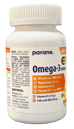 PARENE Omega-3 1800 mg + Magnesium + Selenium + Vitamin D3 kapsulas, 60 gab.